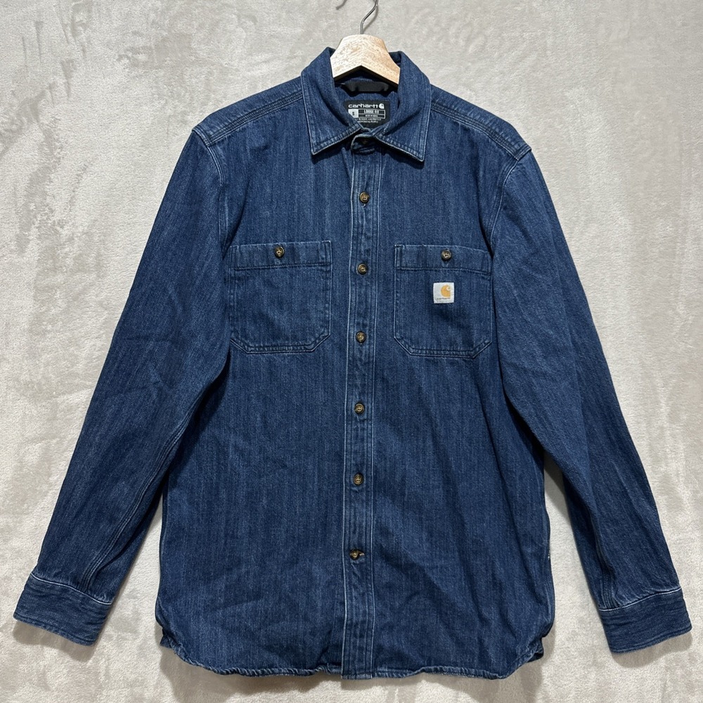 Carhartt Shirt Men's Size Small Blue Denim Button Down Long Sleeve Loose Fit
